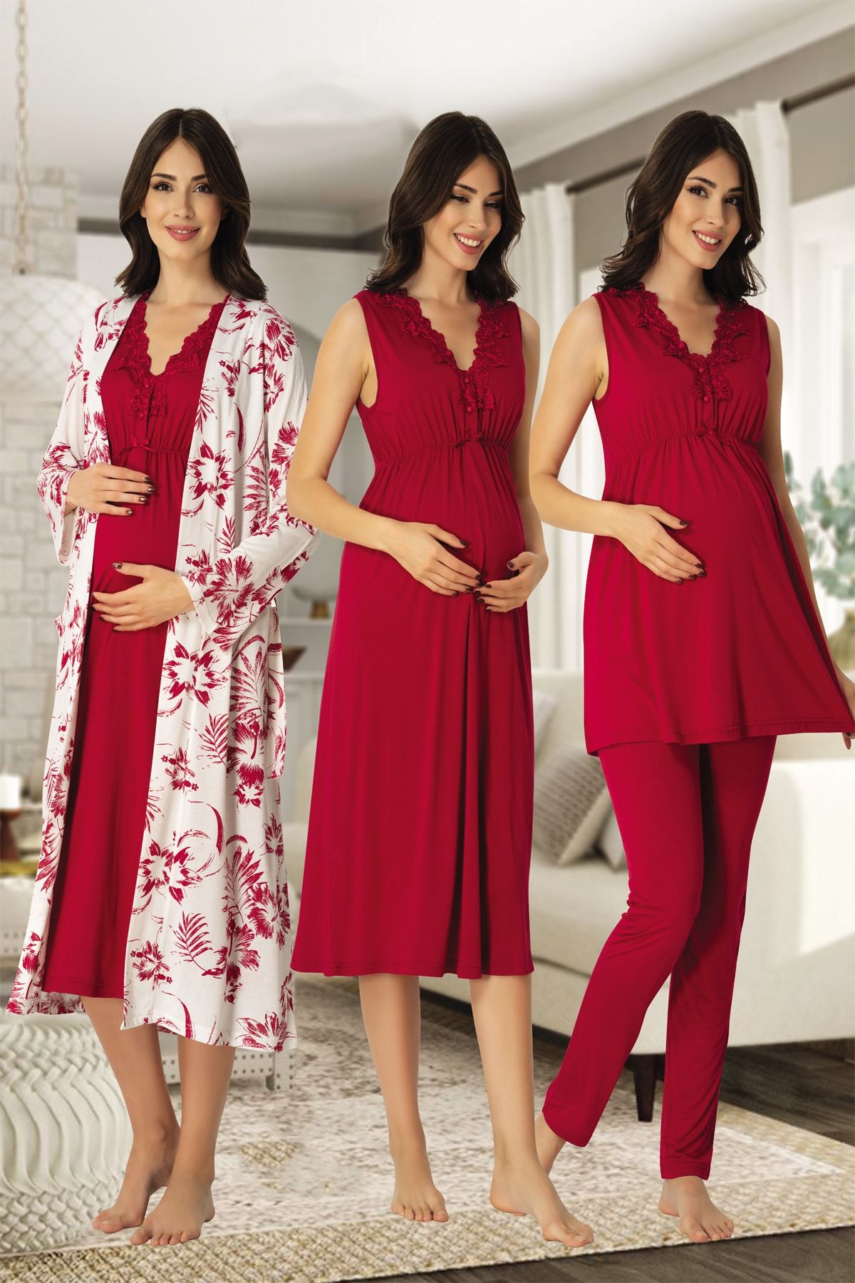 Effortt Mayss Collections 8036 Vişne Renk Gecelik,sabahlık,pijama 4'lü Takım Seti