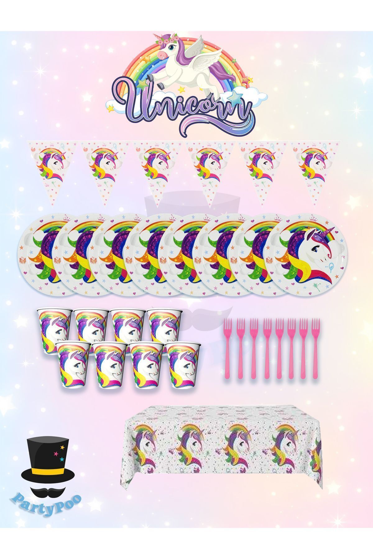 PartyPoo Unicorn Temalı Eko 16 Kişilik Doğum Günü Parti Seti | Parti Malzemesi Seti