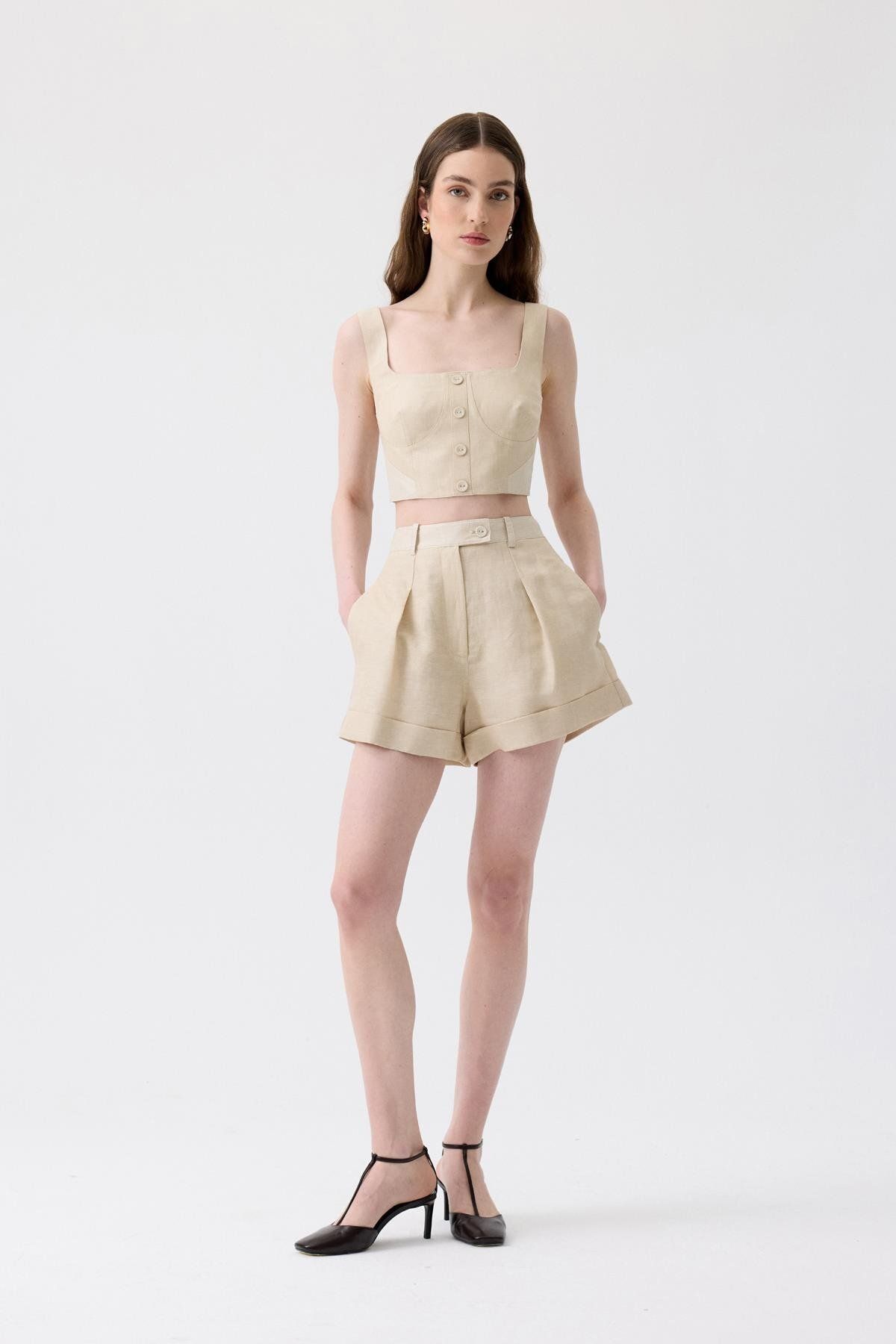 Rue Pile Detaylı Mini Bej Şort