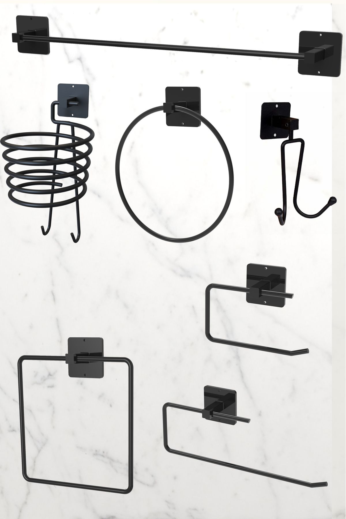 KARTEYA 7'li Süper Set Siyah Fön Makinesi Askısı Havluluk Wc/Tuvalet Kağıtlık Rulo Havluluk Mutfak Banyo Set