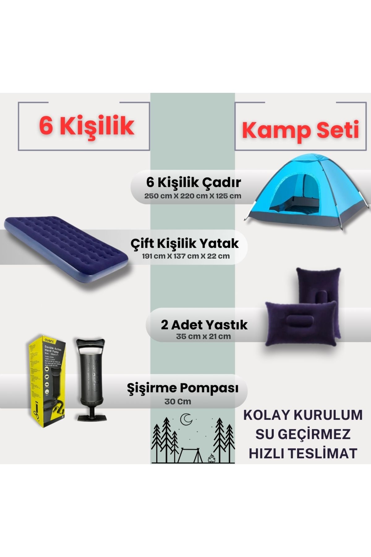 post alley 6 Kişilik Kolay Kurulumlu Kamp Çadırı + Çift Kişilik Şişme Yatak Seti (Kamp Seti)