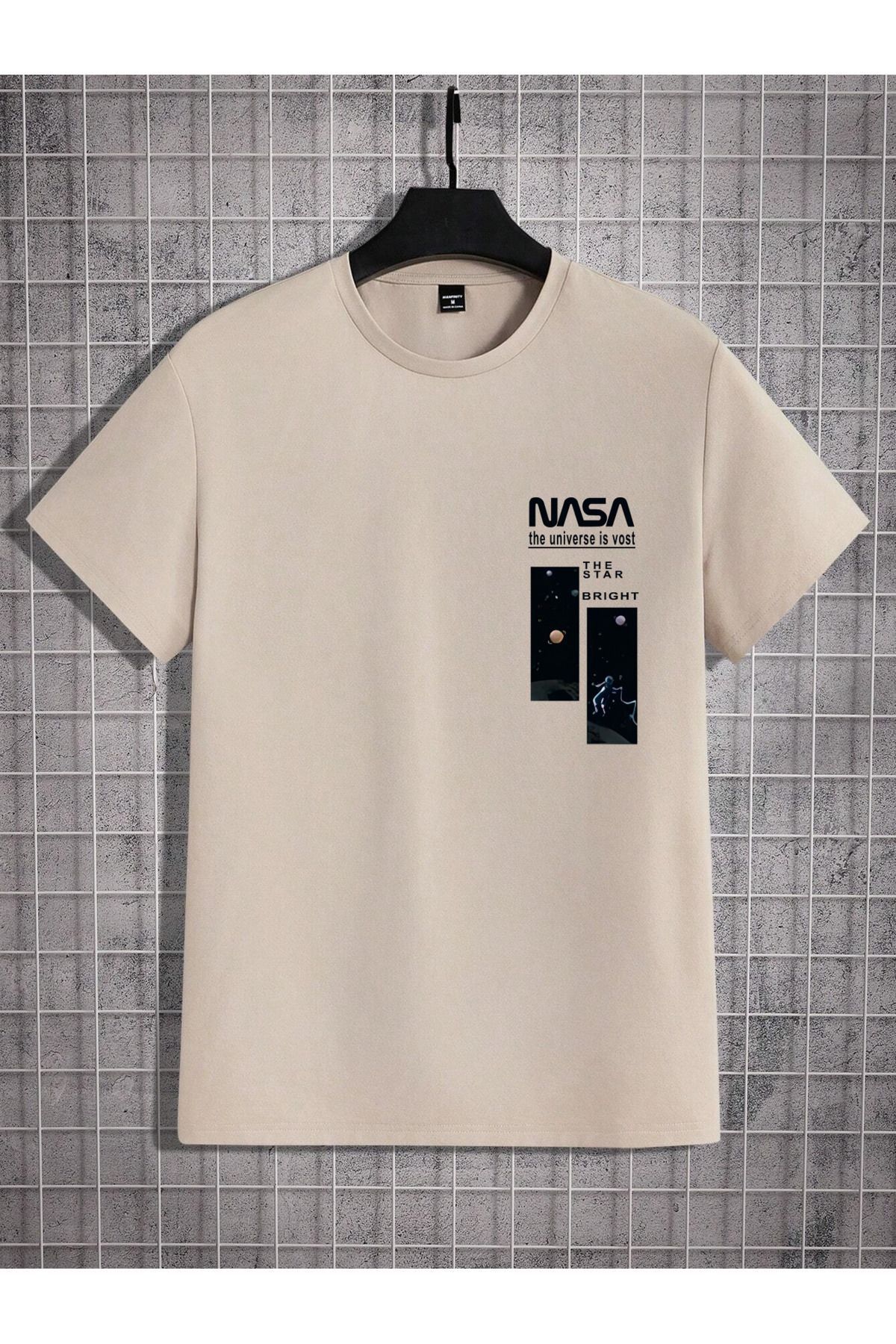 Cool Art Nasa Bright Baskılı T-shirt - Bej Oversize Baskılı Bisiklet Yaka