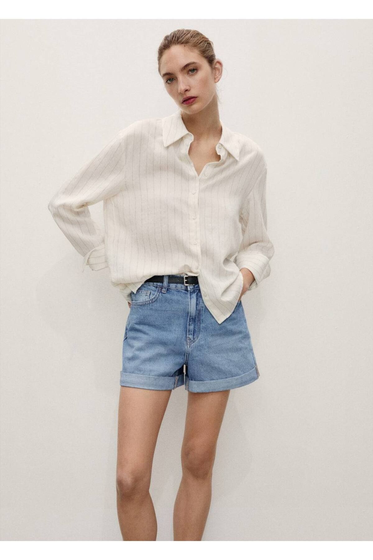 MANGO Yüksek Bel Mom-fit Denim Şort