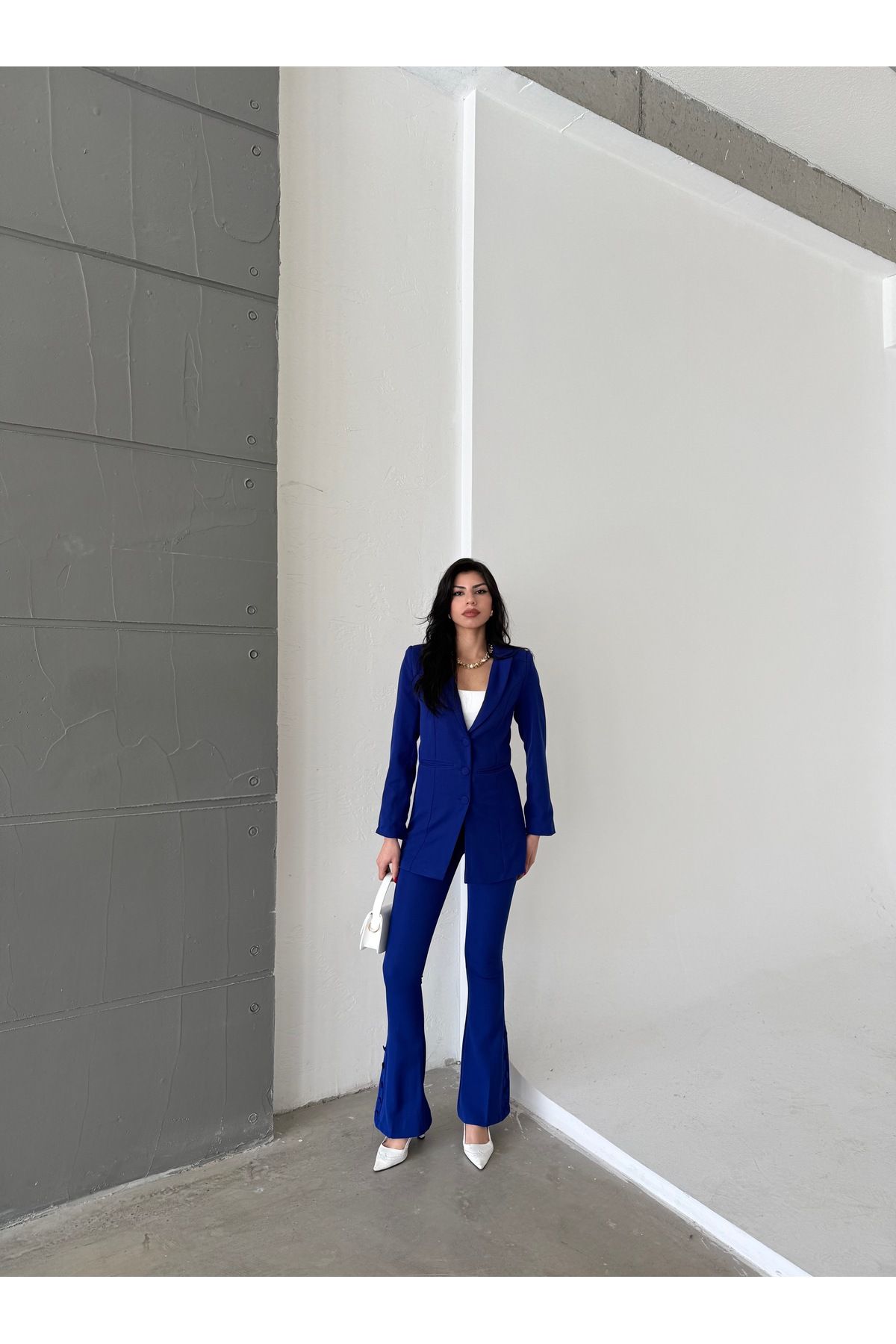 Female Clothing Saks Mavi Fleto Cep Düğmeli Blazer Ceket Kemerli Ispanyol Paça Düğmeli Esnek Pantolon Takım Elbise