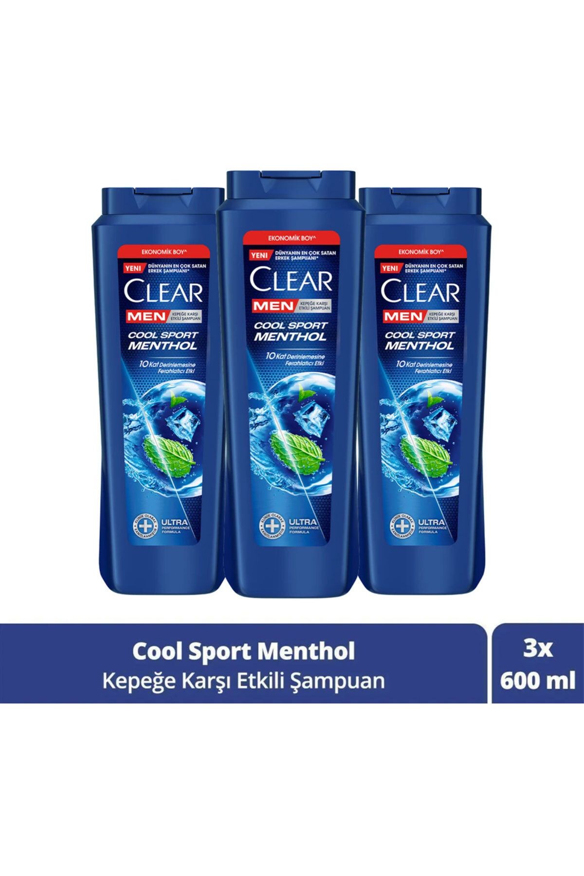 Clear Men Kepeğe Karşı Etkili Saç Bakım Şampuanı Cool Sport Menthol Ferahlatıcı Mentol 600 ml X3