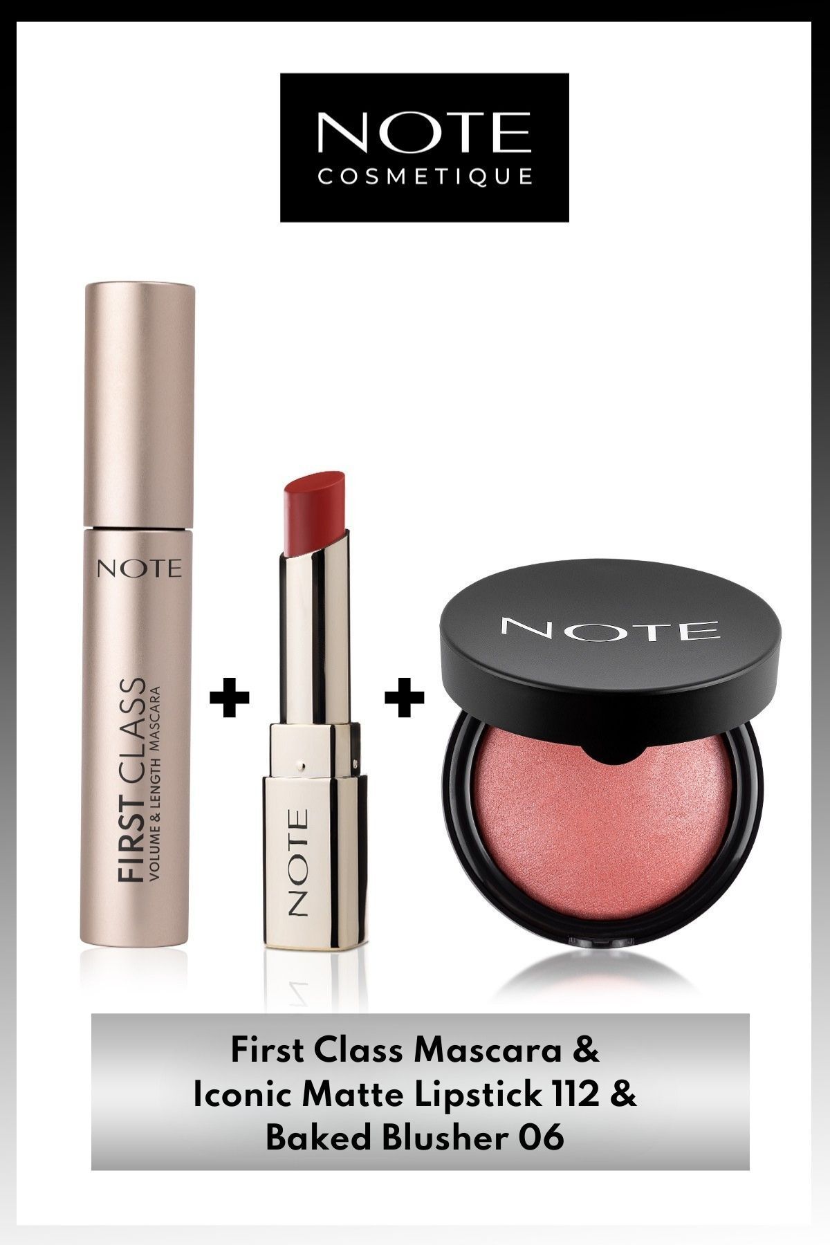 Note Cosmetics Iconic Matte Ruj 112, First Class Maskara, Baked Allık 06 3'lü Makyaj Seti