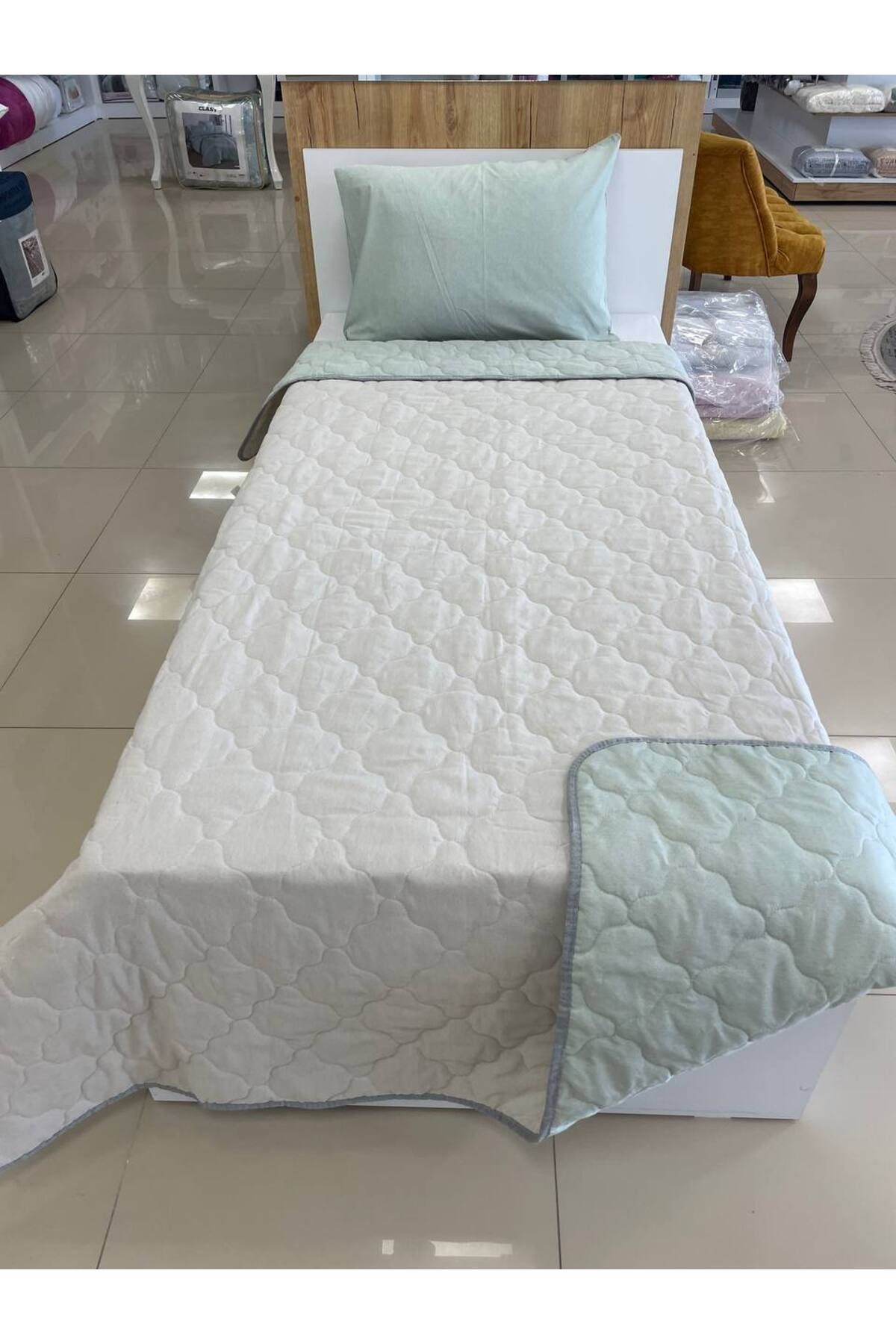 Sudem Home Collection Tek Kişilik Kapitoneli Çift Taraflı Yatak Örtüsü Takımı Genç Çocuk Odası Yatak Örtüsü Çağla - Bej