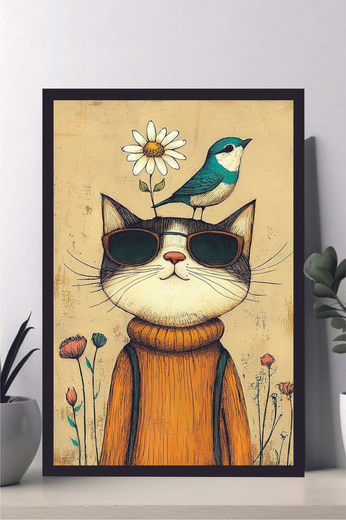 Cadran Kedi tasarımlı Çerçeve Görünümlü Mdf Tablo