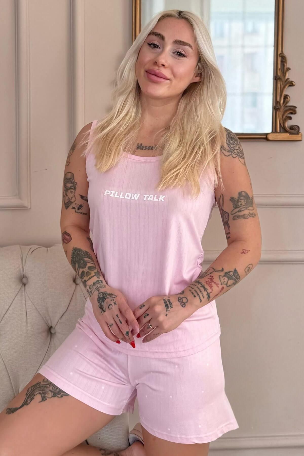 Pijamaevi Pembe Pillow Talk Desenli Şortlu Marlenka Kadın Pijama Takımı