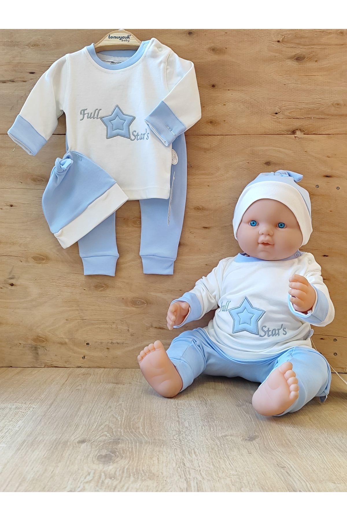 Tomuycuk Erkek Bebek Takım 2li Mavi 3-6-9-12 Ay Uzun Kol Bebek Takımları Kıyafetleri Bebek Giyim