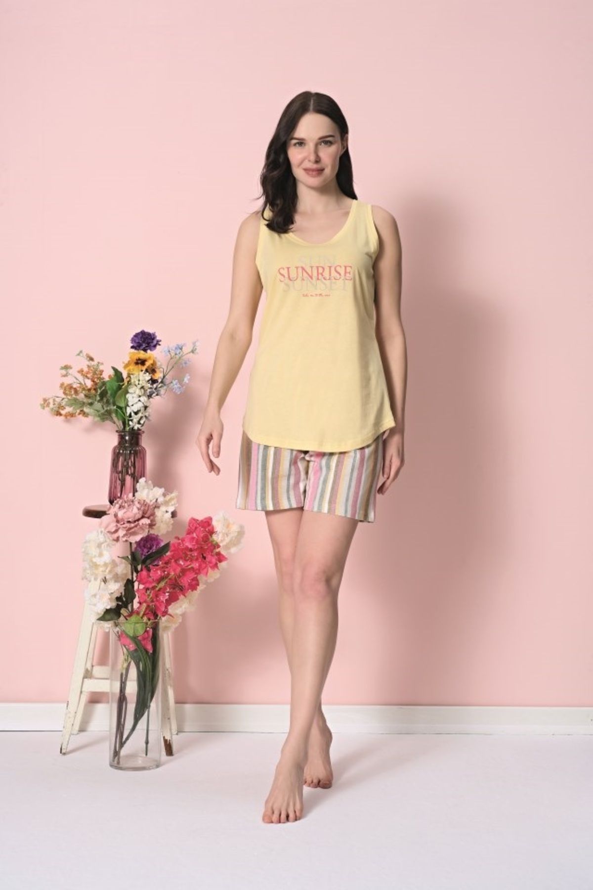 Over Sleep by Poleren Desenli Modal Sıfır Kol Şortlu Kadın Pijama Takımı