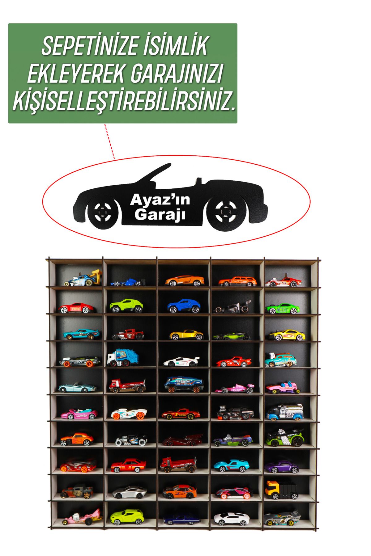 kutuTR 50 Araçlık Ahşap Duvar Rafı ( Hotweels ve Matchbox ) (İsim Yazdırmak İçin İSİMLİK Alınız)