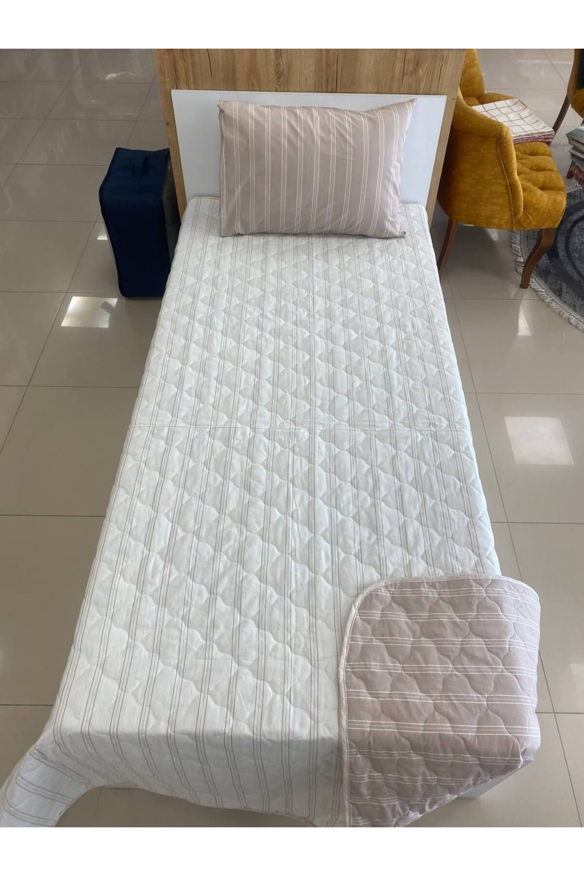 argehome Tek Kişilik Kapitoneli Çift Taraflı Yatak Örtüsü Takımı Genç Çocuk Odası Yatak Örtüsü Naturel Bej
