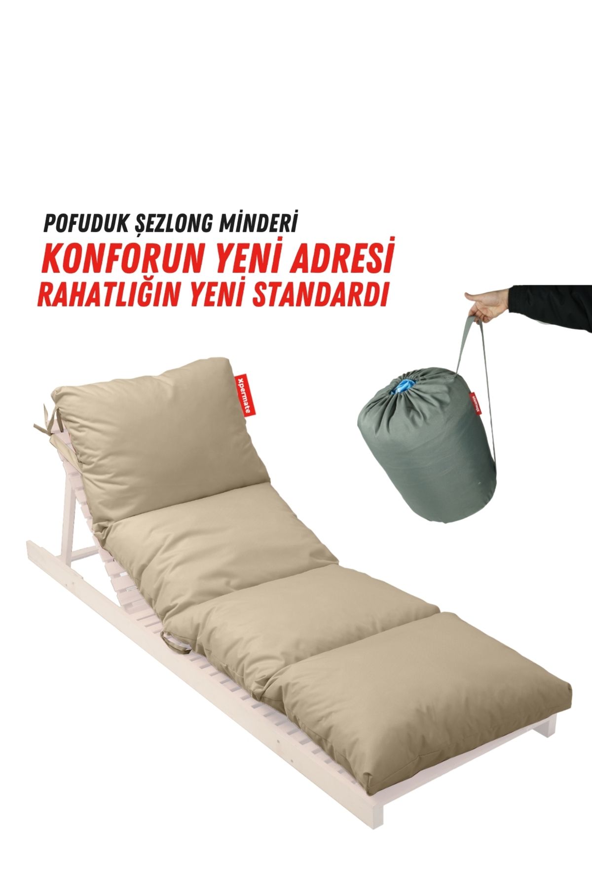 XPERMATE Pofuduk Şezlong Minderi Çantalı 60x180x12cm Su Itici,katlanır,uv Güneş Dayanımı, Fermuar, Bej