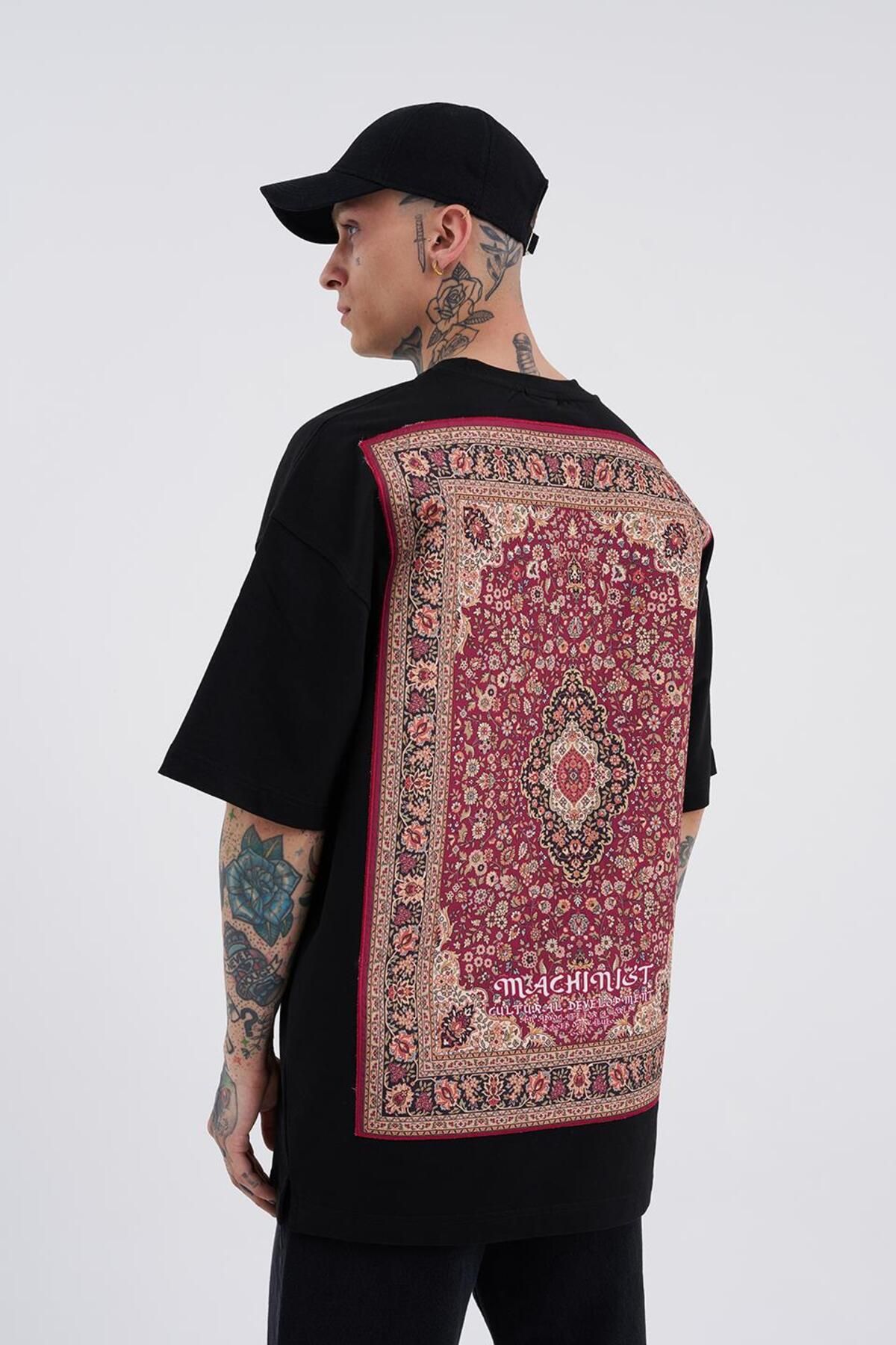 Machinist Erkek Carpet Aplıque Oversize Siyah Tiişört