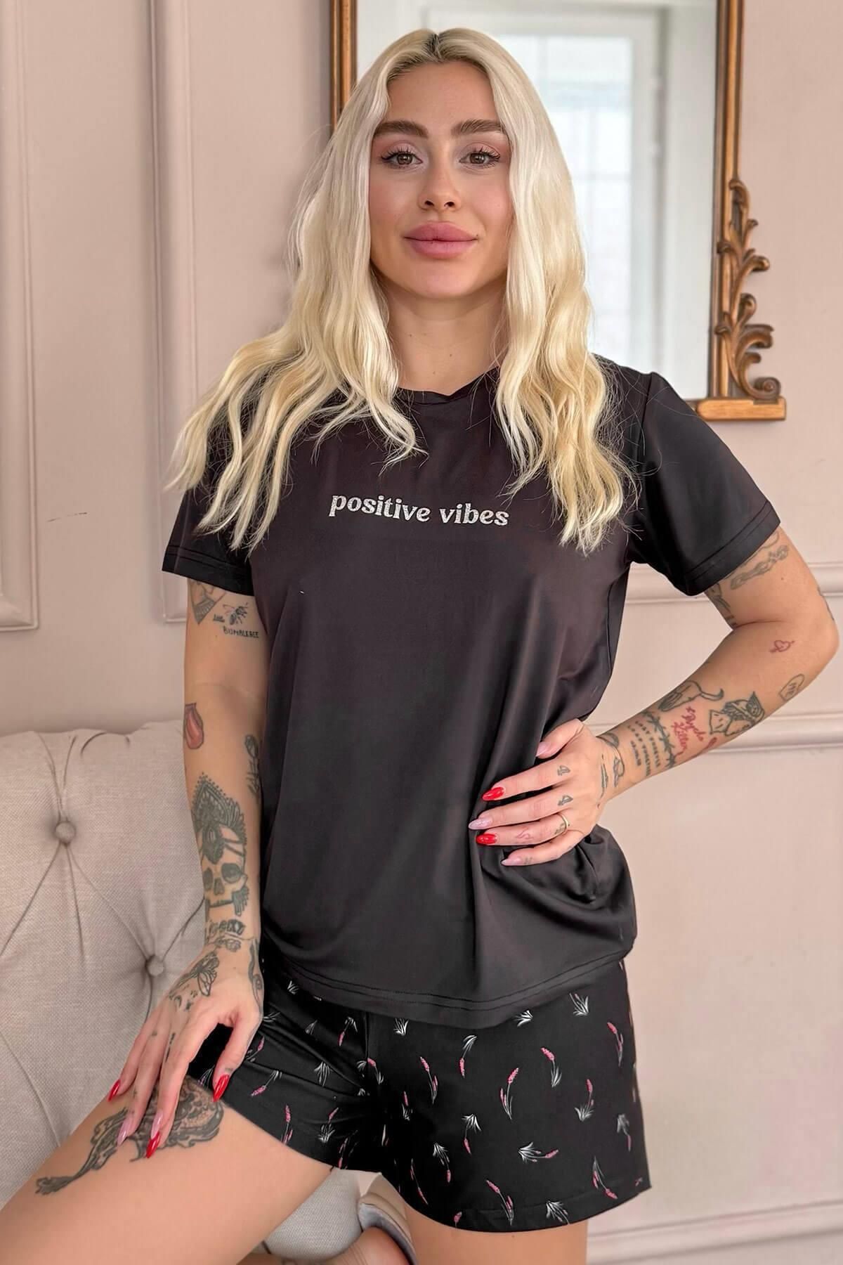 Pijamaevi Siyah Positive Vibes Desenli Kısa Kollu Şortlu Örme Kadın Pijama Takımı