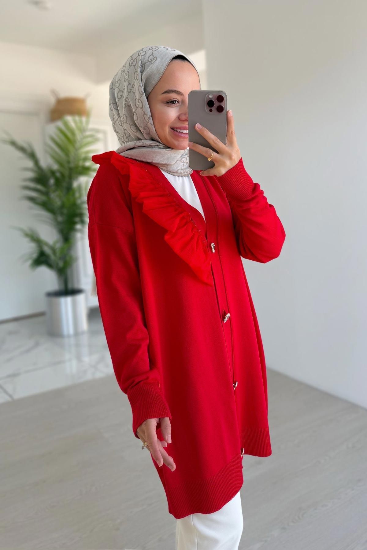 Ka Hijab Omzu Fırfır Merserize Hırka - Kırmızı