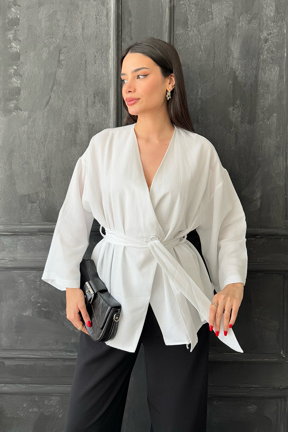 oshebu Ekru Kadın Kemerli Kimono - Şık ve Konforlu Kaftanlar