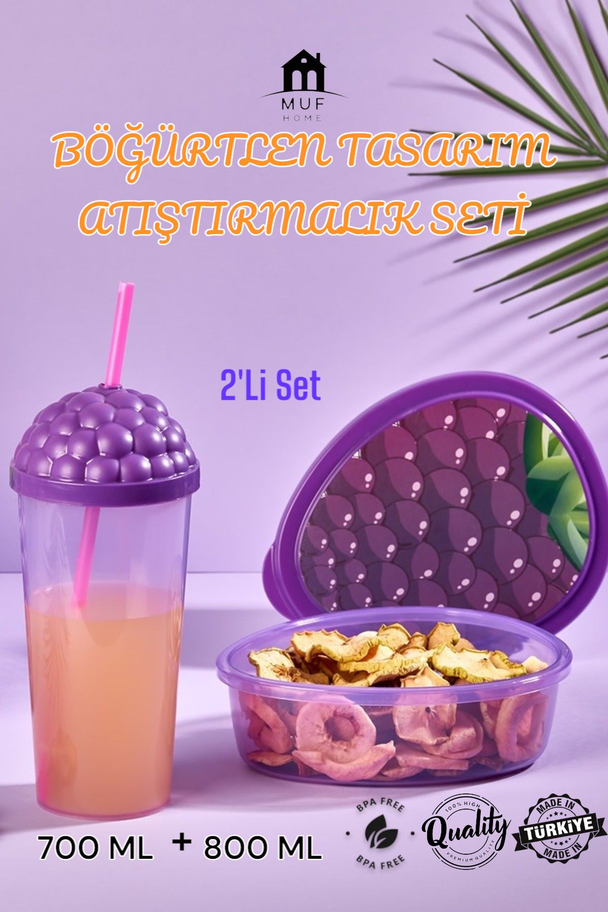MUF HOME Böğürtlen Desenli Eğlenceli Tasarım Saklama Kabı Ve Pipetli Bardak 800ML+700ML 2'li Set