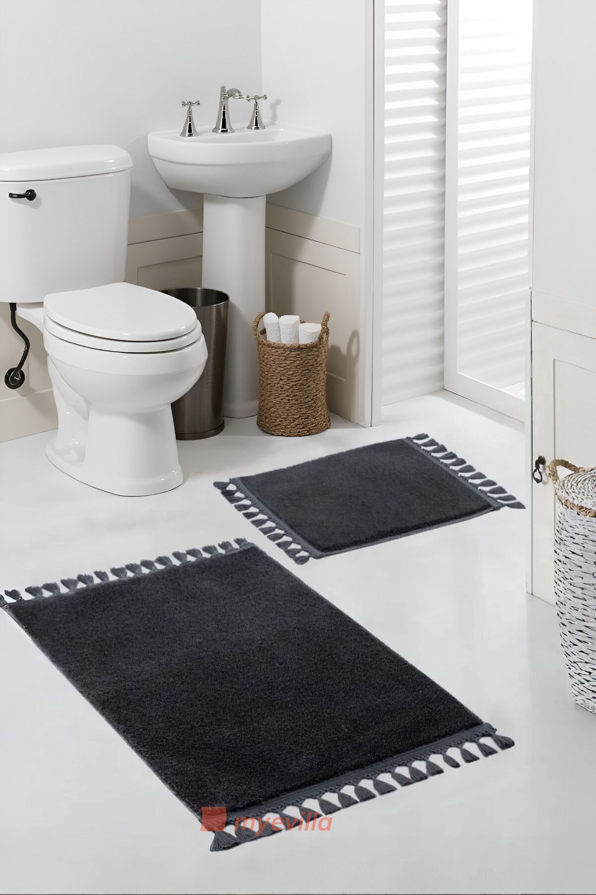 Myevilla Simirna Ponpon Saçaklı Peluş Yıkanabilir Kaymaz Banyo Paspası 2'li Klozet Takımı Antrasit