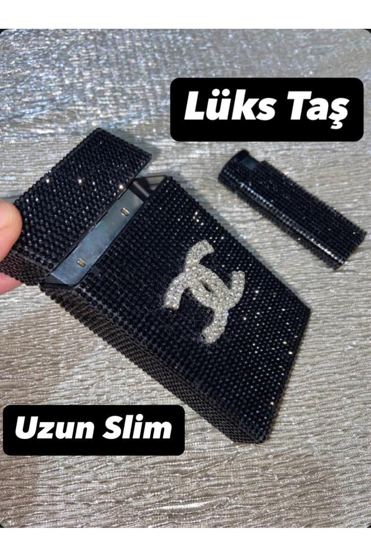 Lüks Taş Taşlı Sigara Kutusu ve Çakmak (UZUN SLİM)