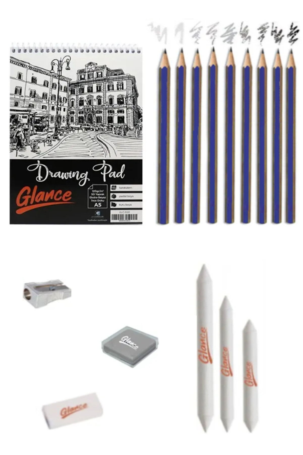 GLANCE A5 Eskiz Defterli 50 Yp 9 Adet Karakalem Çizim Seti Pastel Dağıtma, Kalemtıraş, Silgi