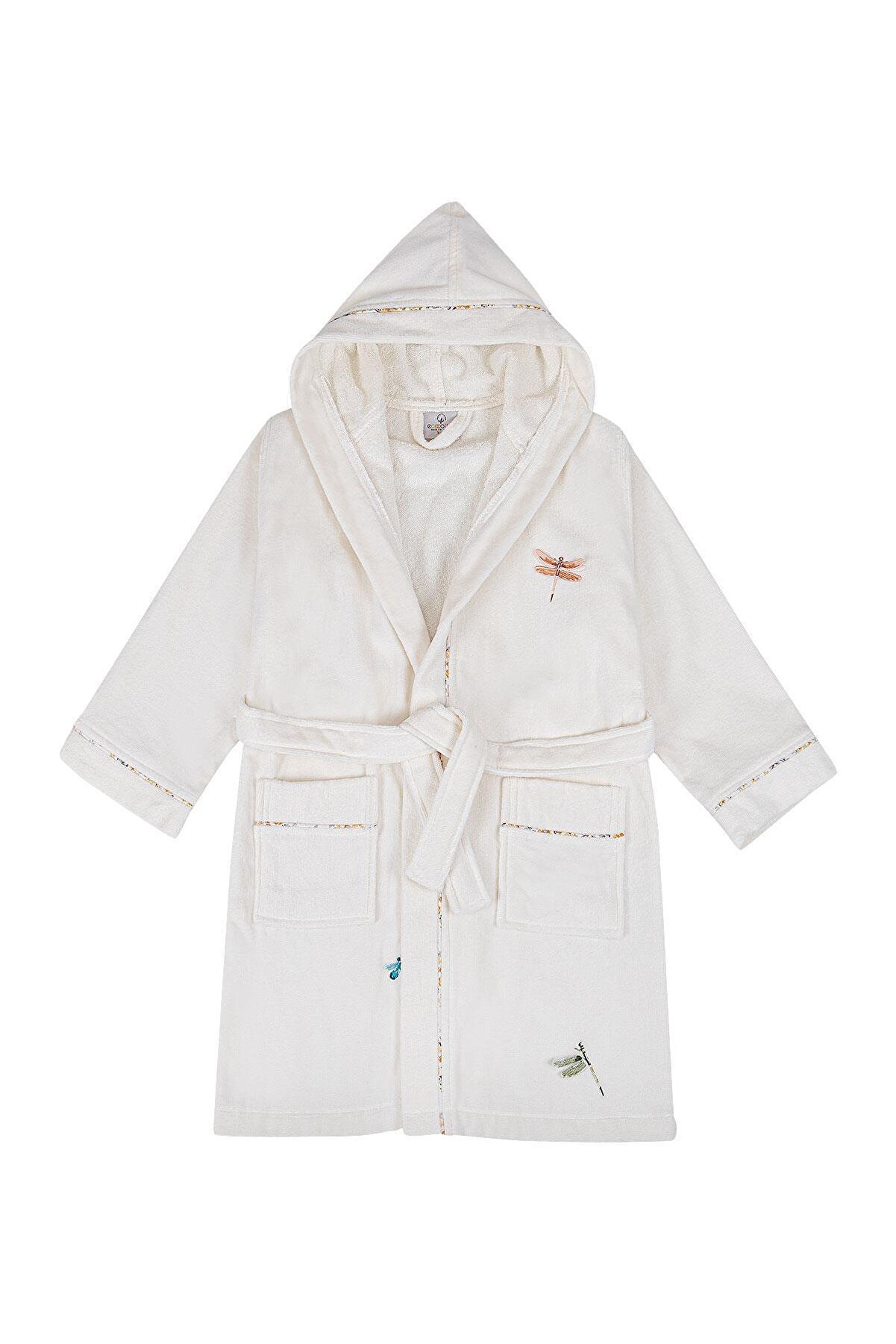 Ecocotton Nina Kız Çocuk Bornoz %100 Organik Pamuk Nakışlı Krem-sarı