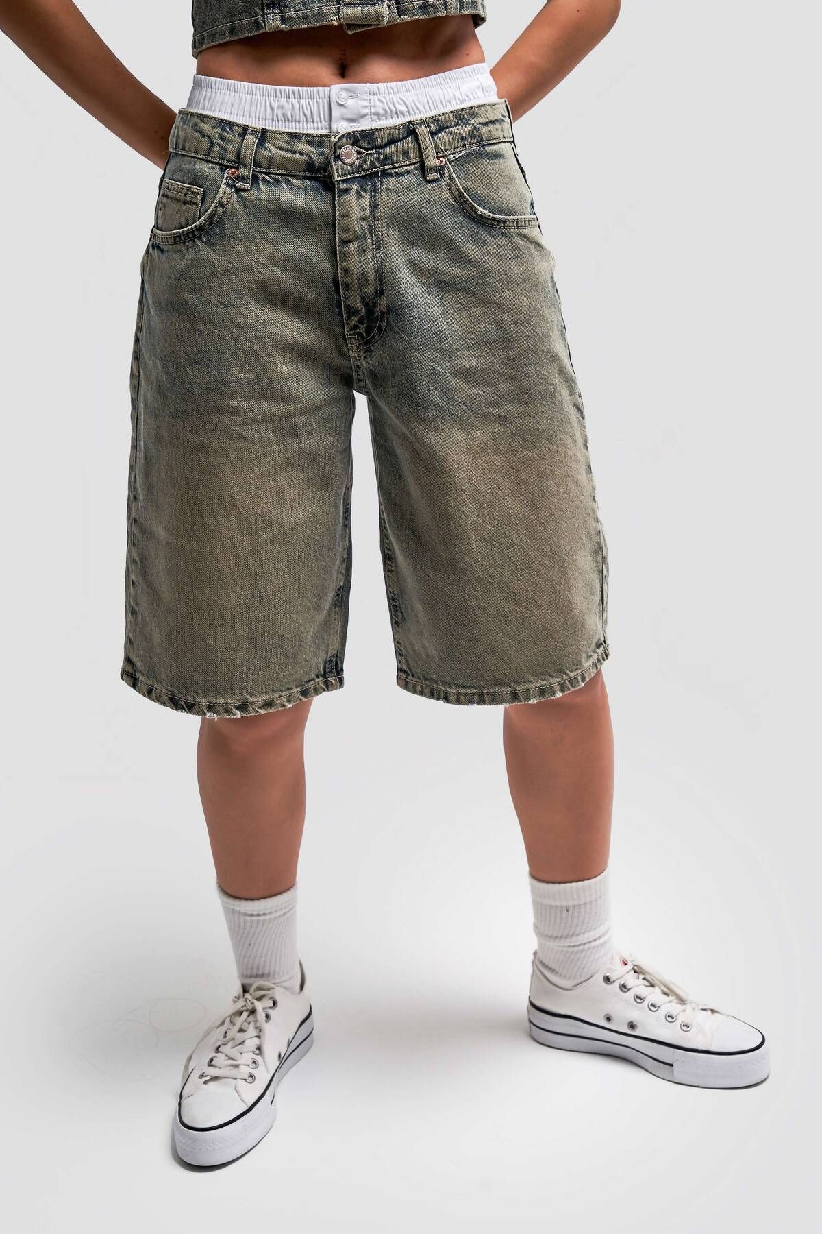its basic Kadın S Tint Kot Rengi Boxer Detaylı 60cm Palazzo Denim Şort