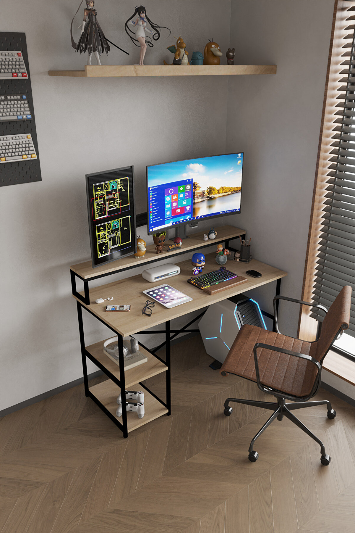 moniev Oyuncu Masası 2 Raflı Metal Çalışma Masası - Oyun ve Çalışma İçin İdeal