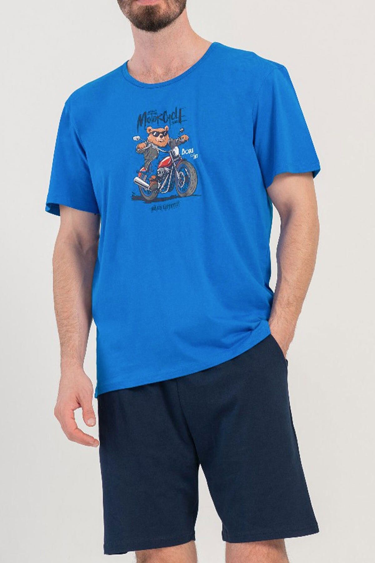 Mısırlı Mısırlı Erkek Pamuklu Mavi Kısa Kollu Şort Pijama Takımı