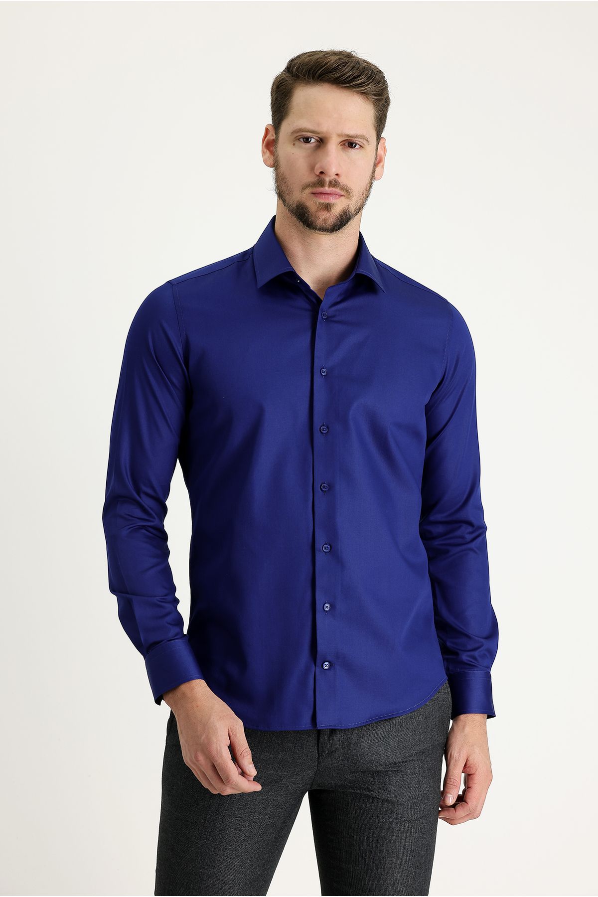 Kiğılı Uzun Kol Slim Fit Dar Kesim Non Iron Saten Pamuklu Gömlek