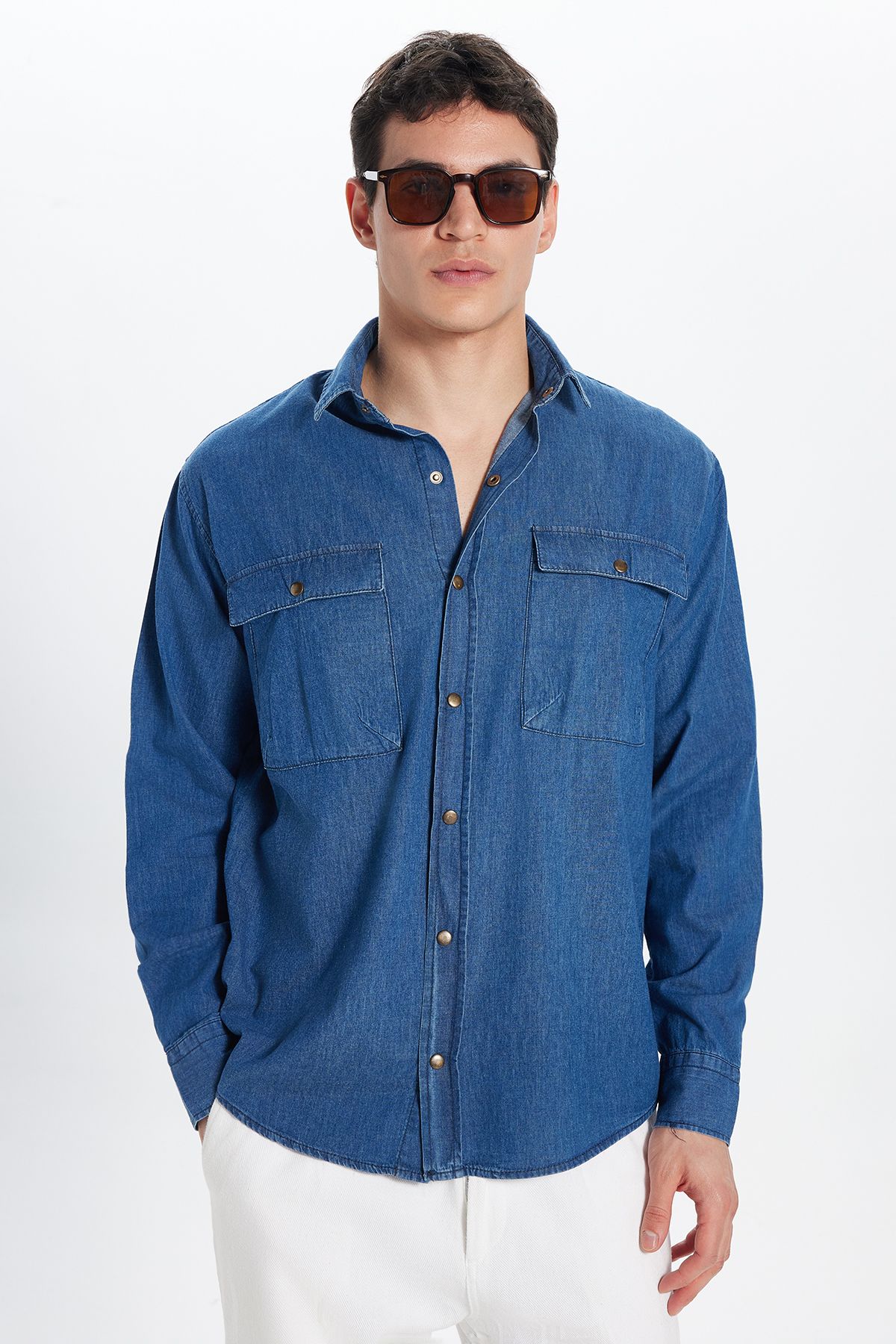 Tudors Unisex Relax Fit Rahat Kesim Denim Kot Çıtçıtlı Çift Cepli Lacivert Overshirt Ceket Tarzı Gömlek