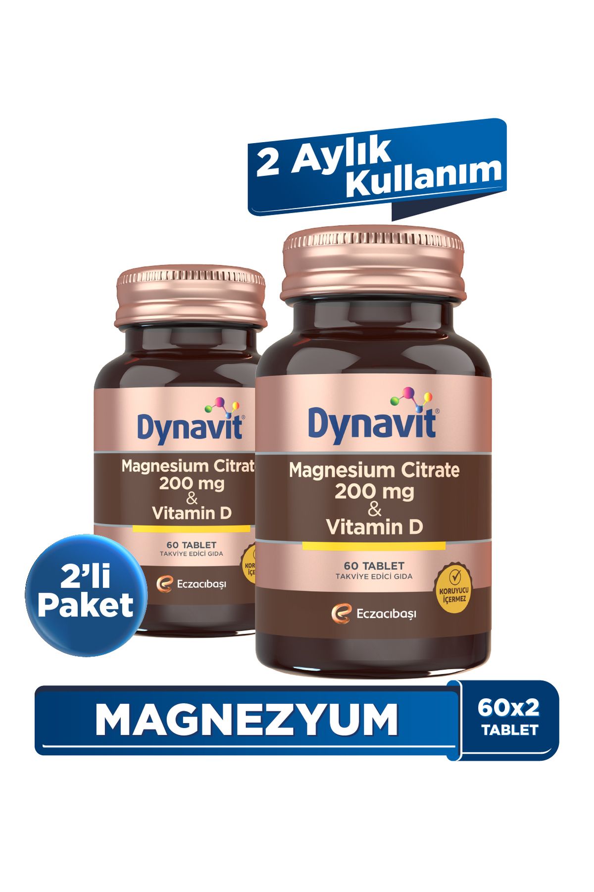 Dynavit Magnesium Citrate 200 mg & Vitamin D 60 Tablet - Avantajlı Paket - Magnezyum Sitrat, D Vitamini