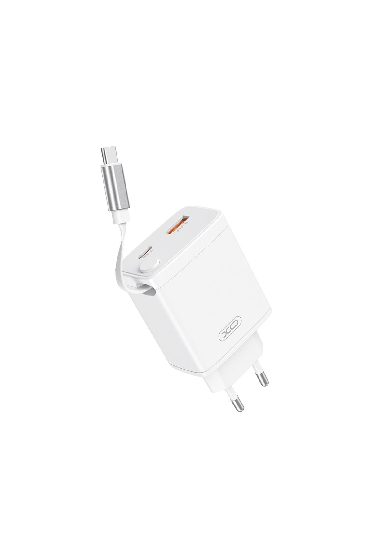 Xo 30W Çift Portlu Hızlı Şarj Adaptörü CE31,Dahili USB-C Kablo,USB-A & USB-C Portları,Çekilebilir USB-C