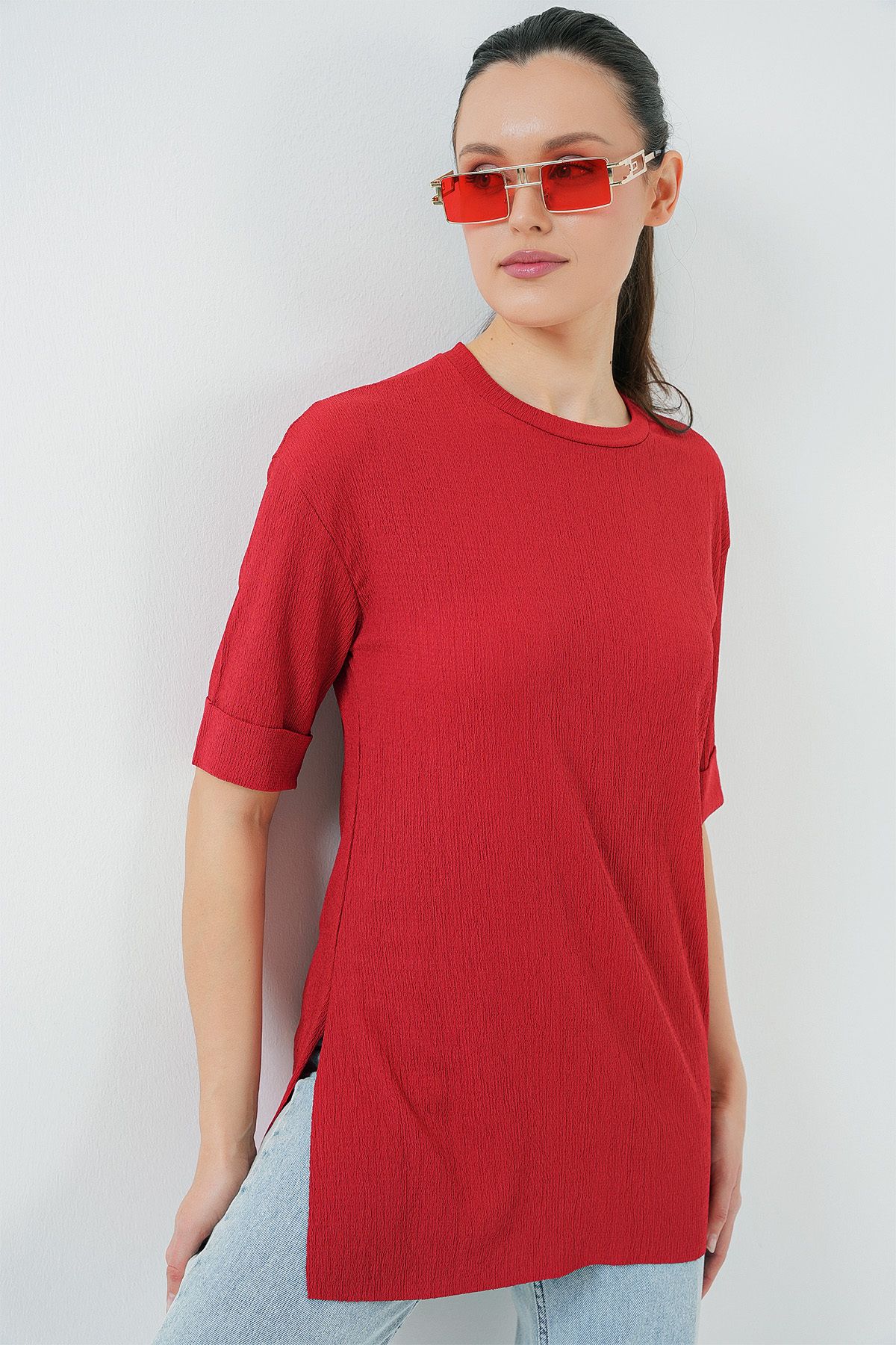 Bigdart 4332 Yanı Yırtmaçlı Örme Tişört - Kırmızı