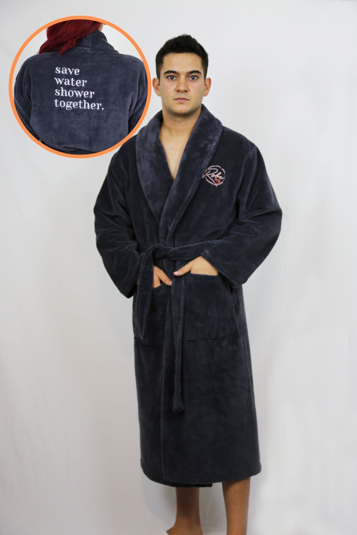 Robe Me - Pamuklu Unisex Bornoz - Save Water Shower Together Nakışlı