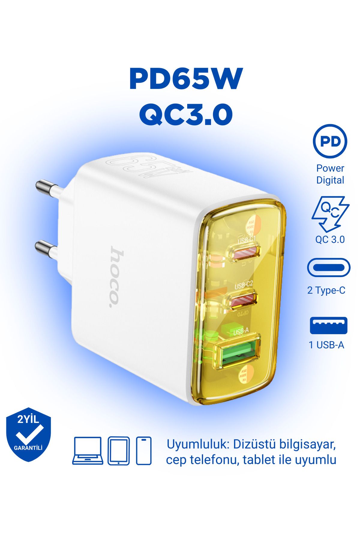 Hoco CS44A Akıllı PD65W + QC3.0 Gan USB-C + USB-A Hızlı Şarj Adaptörü