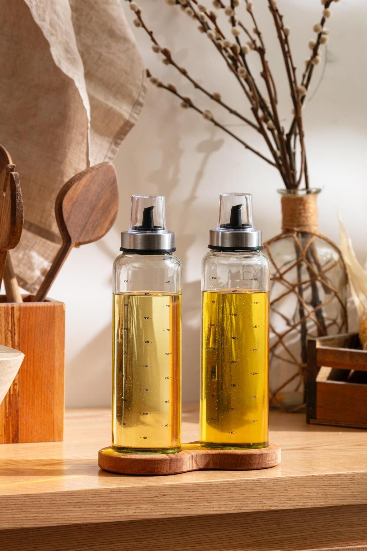 WOODCAP Ahşap Standlı 2'li 500 ml Damlatmaz Cam Yağdanlık