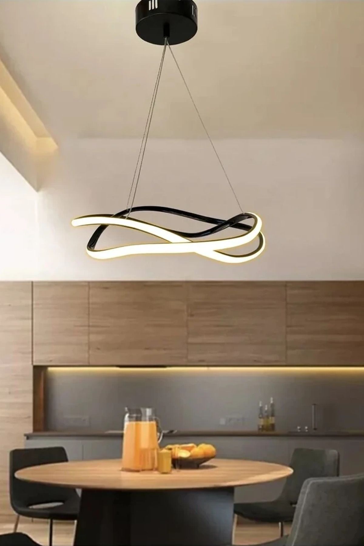 RSCOLLECTIONS Dalga Modern Sarkıt Led Avize - Salon - Oturma Odası - Mutfak Avizesi - 3 Renk Kumandasız Siyah