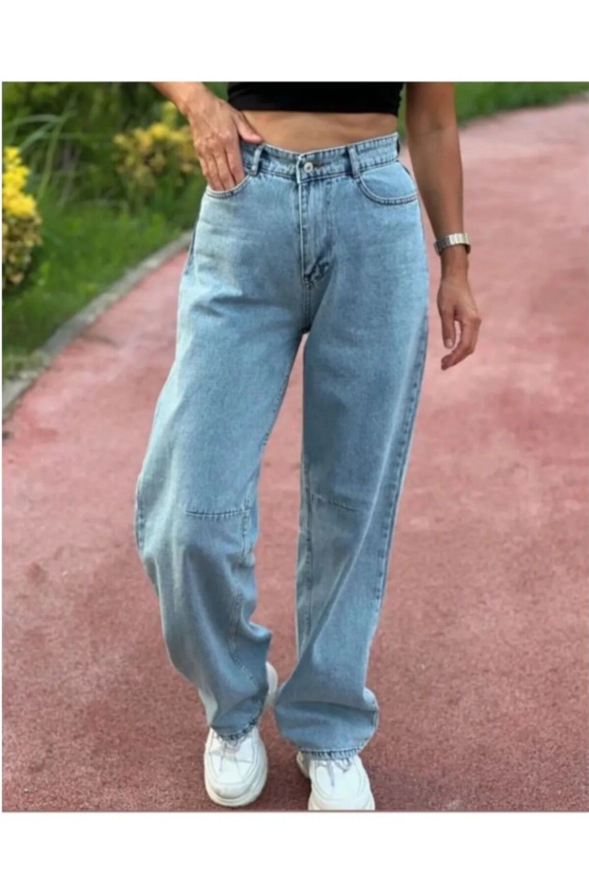 kotmodası Kar Mavi Toka Detaylı Bol Kesim Geniş Paça Rahat Baggy Jean Kot Salaş Kadın Pantolon