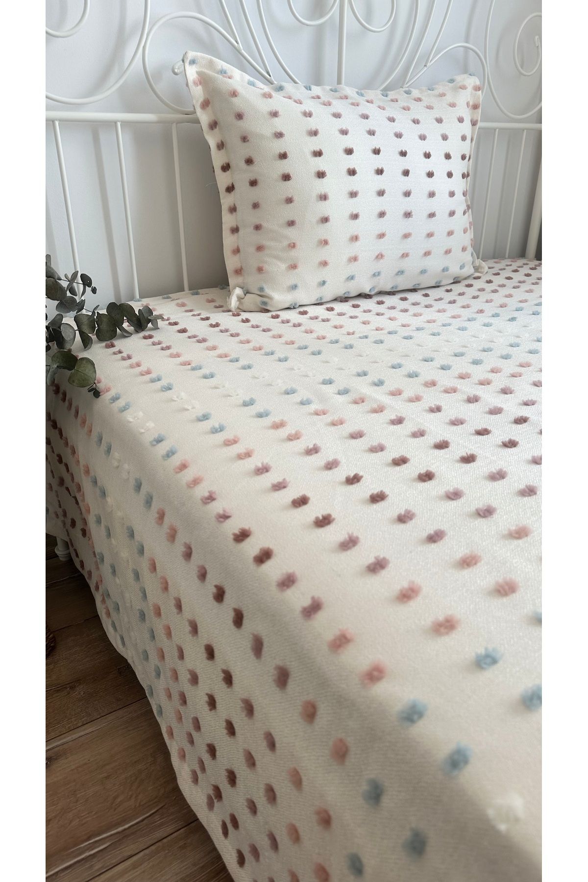 Decamor home Lale Model Ekru Pembe Mavi Yatak Örtüsü / Pike Takımı Tek Kişilik