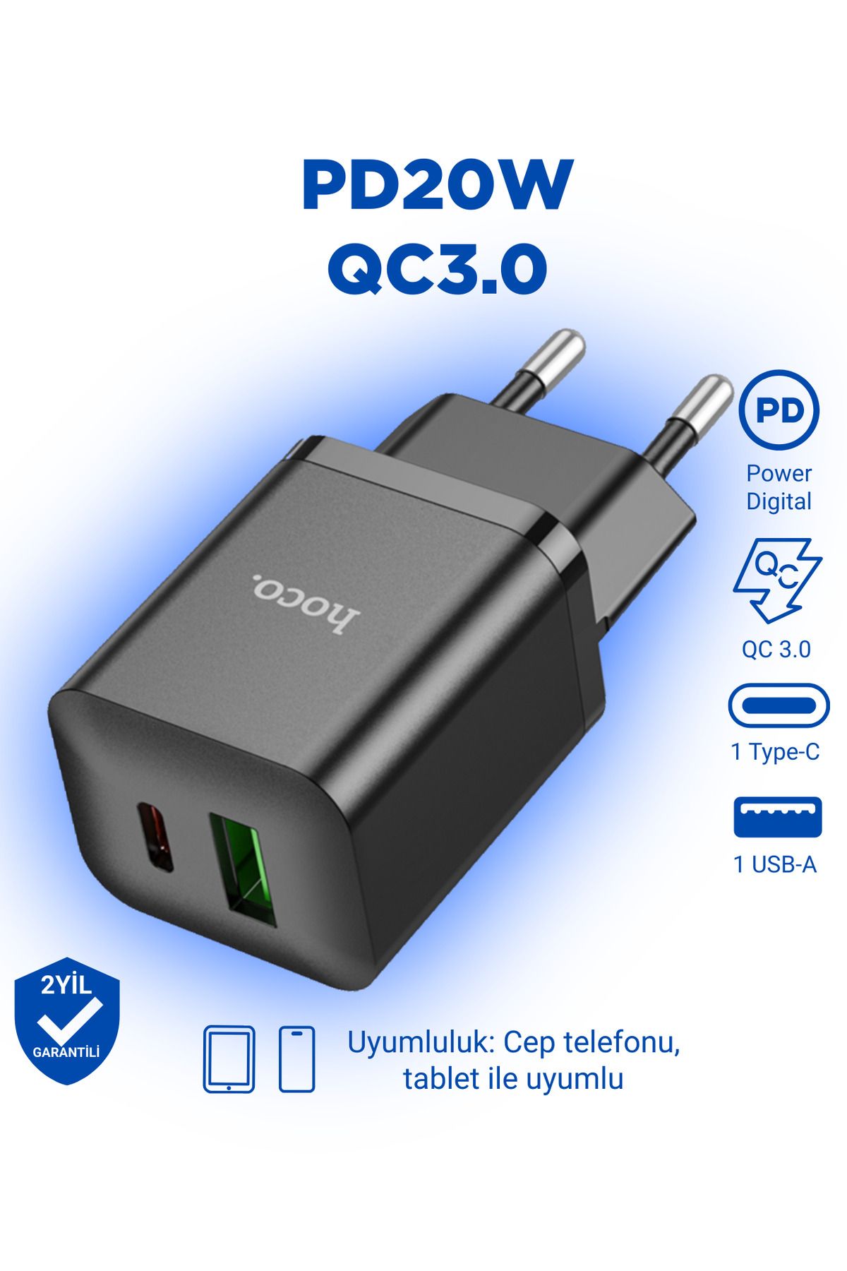 Hoco N28 Founder, tek Type-C 20W ve tek USB-A 18W Portlu Şarj Adaptörü - Premium Product