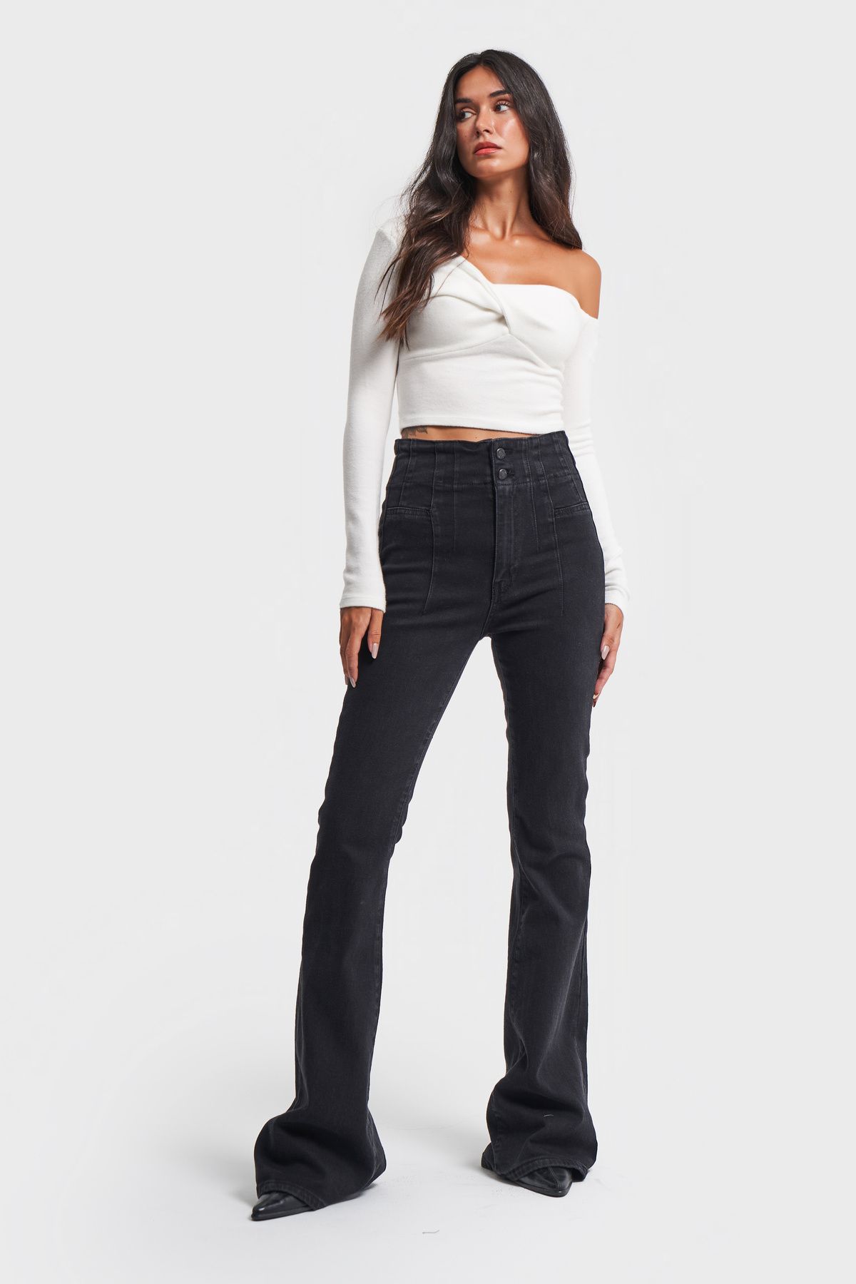 its basic Kadın Siyah Renk Yüksek Bel Likralı Kumaş Flare Fit Denim
