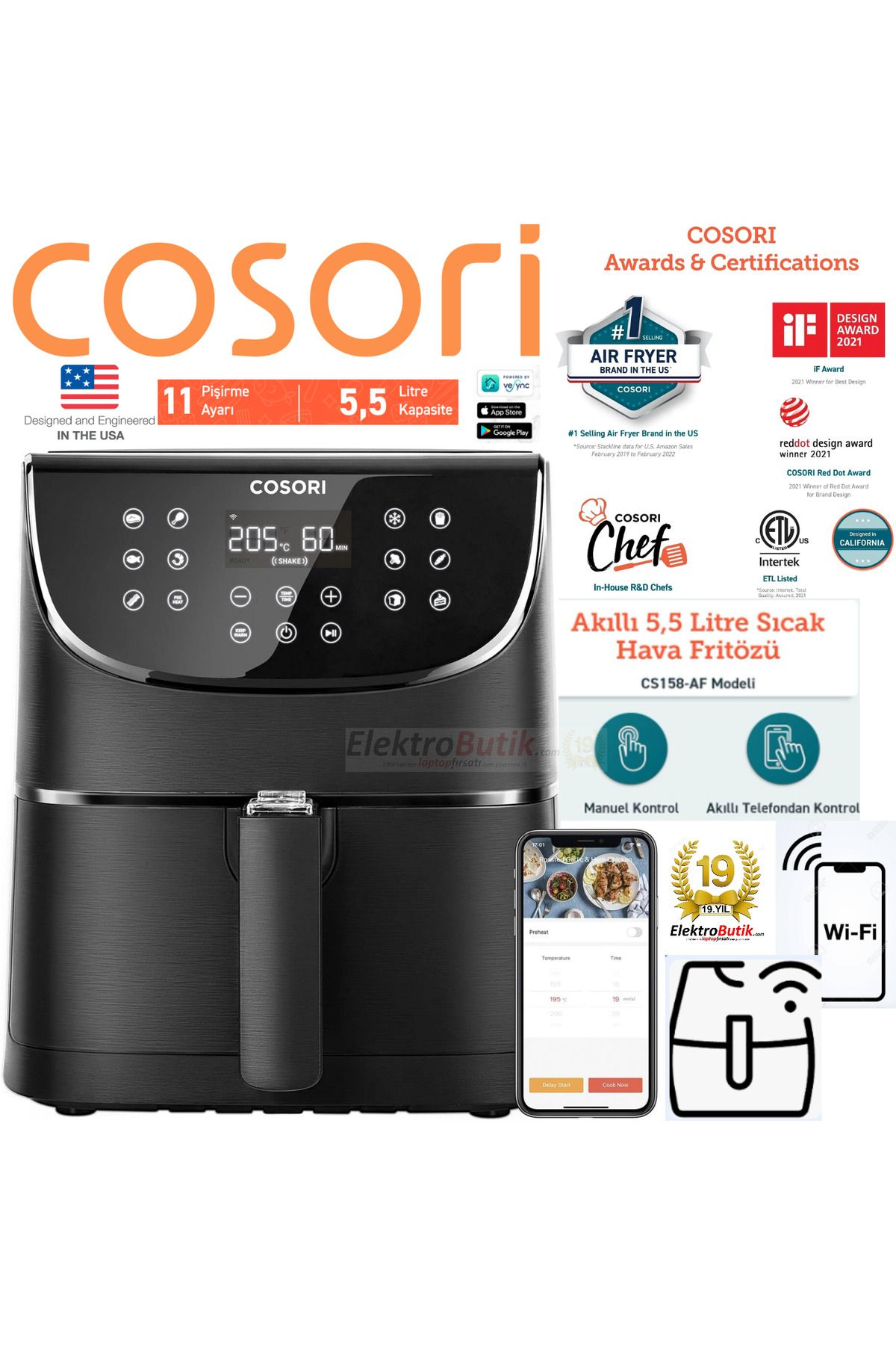 COSORI Akıllı Wifi Sıcak Hava Fritözü 5.5 Litre Xxl. Türkçe Uygulama 11 Programlı