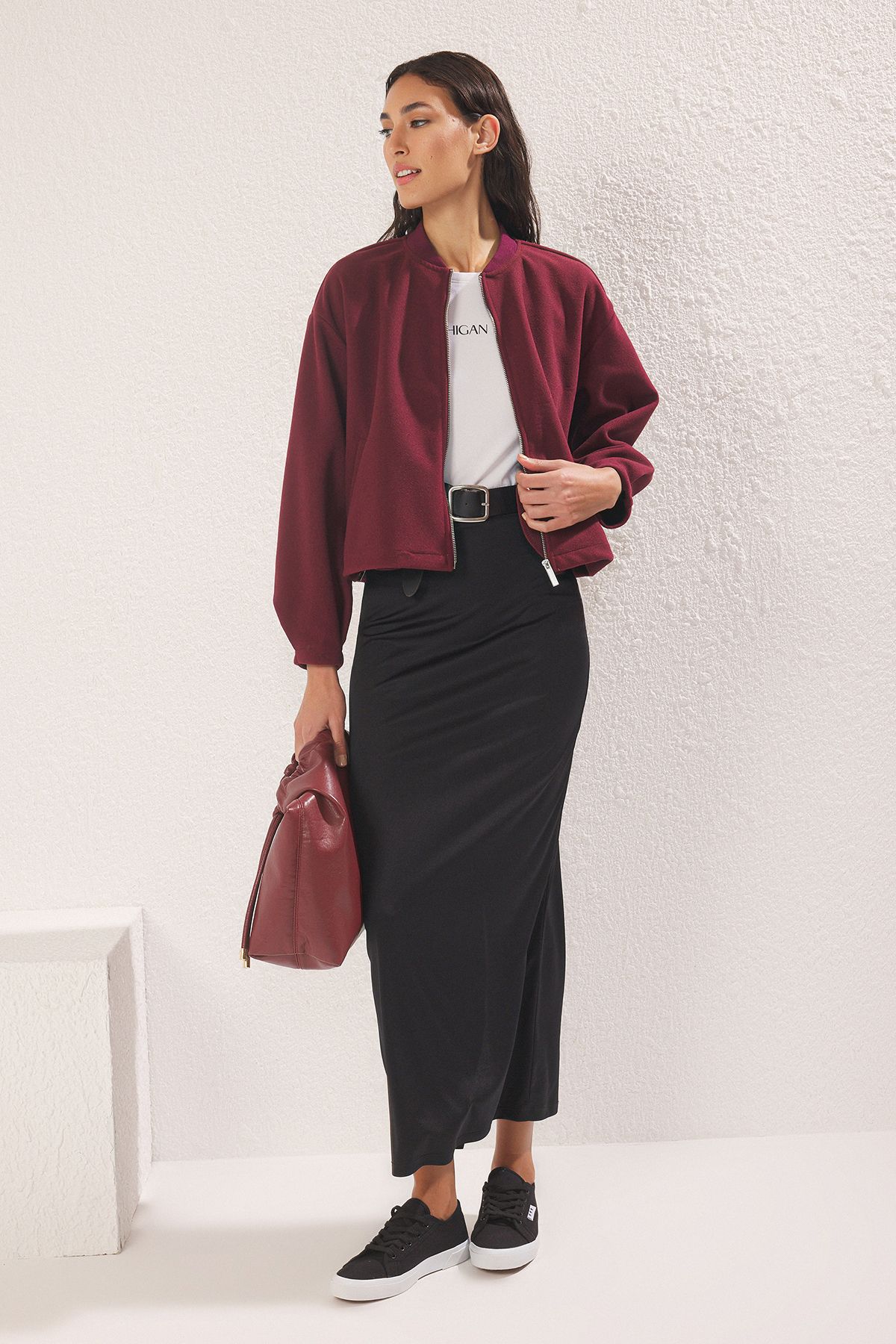 Trendyolmilla Bordo Oversize Kaşe Bomber Ceket Mont TWOAW25MO00053