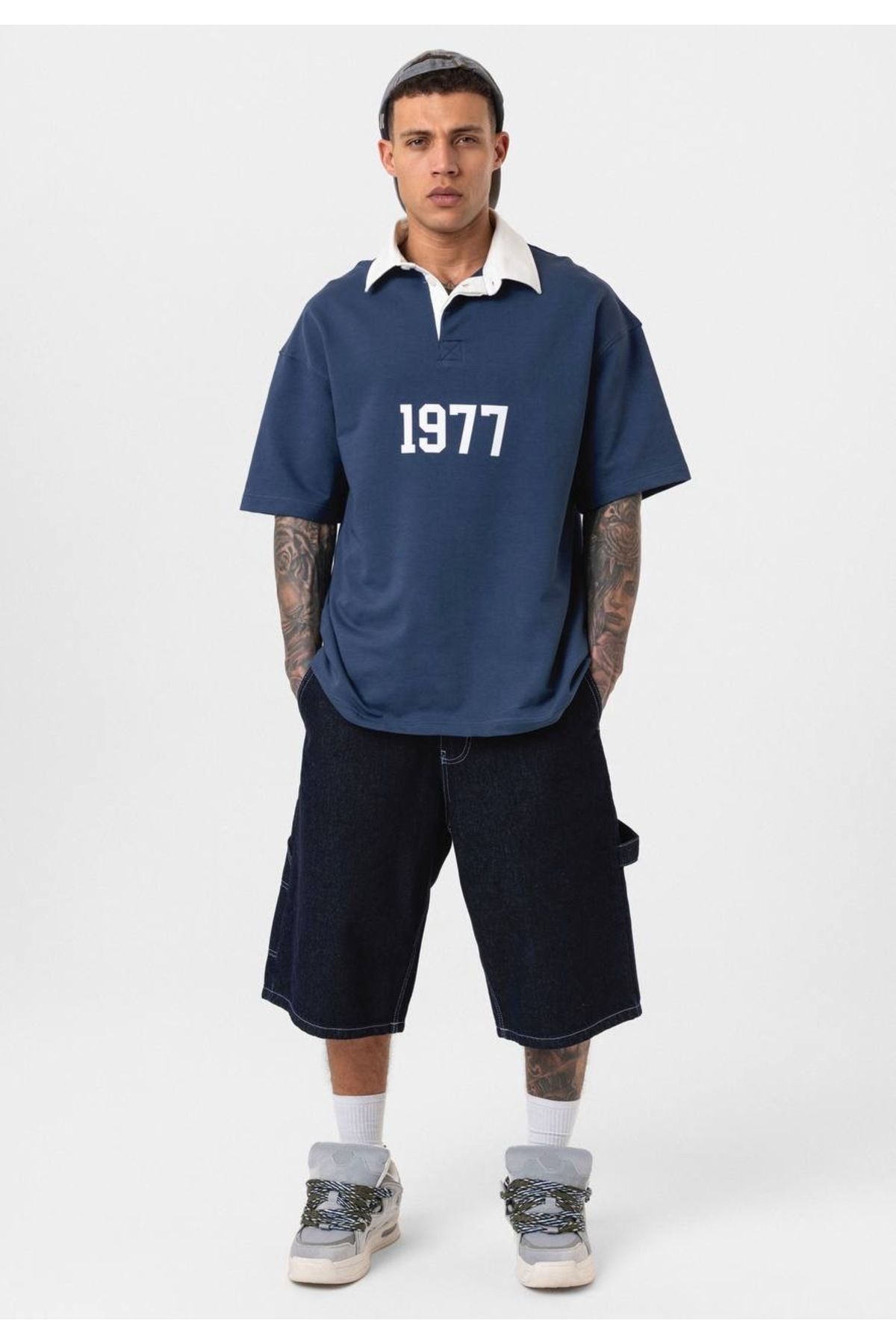 No362 1977 Baskılı Polo Yaka T-Shirt - İndigo