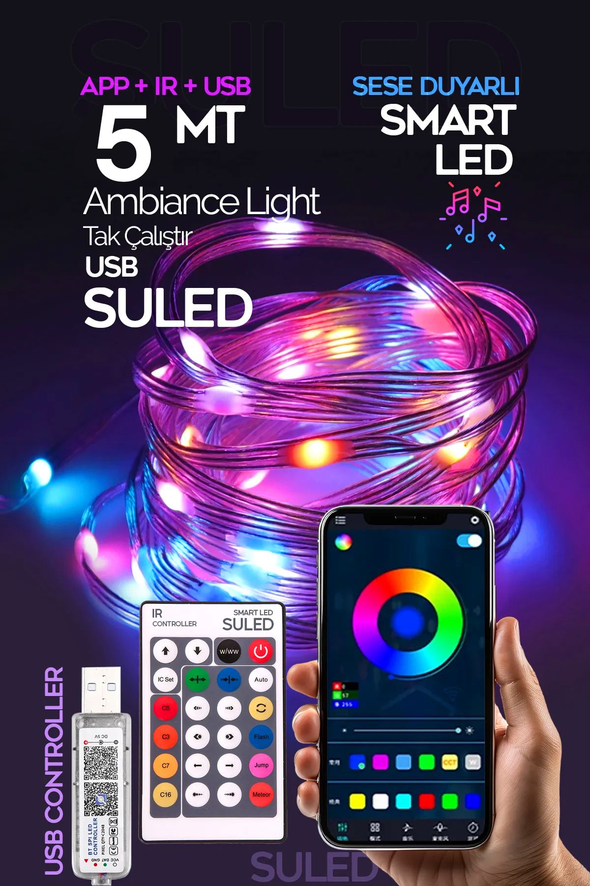 SULED Smart Şerit Led Yeni Nesil 5 Metre Bluetooth TV Sese Duyarlı USB Enerjili Telefon Kontrollü Efektli