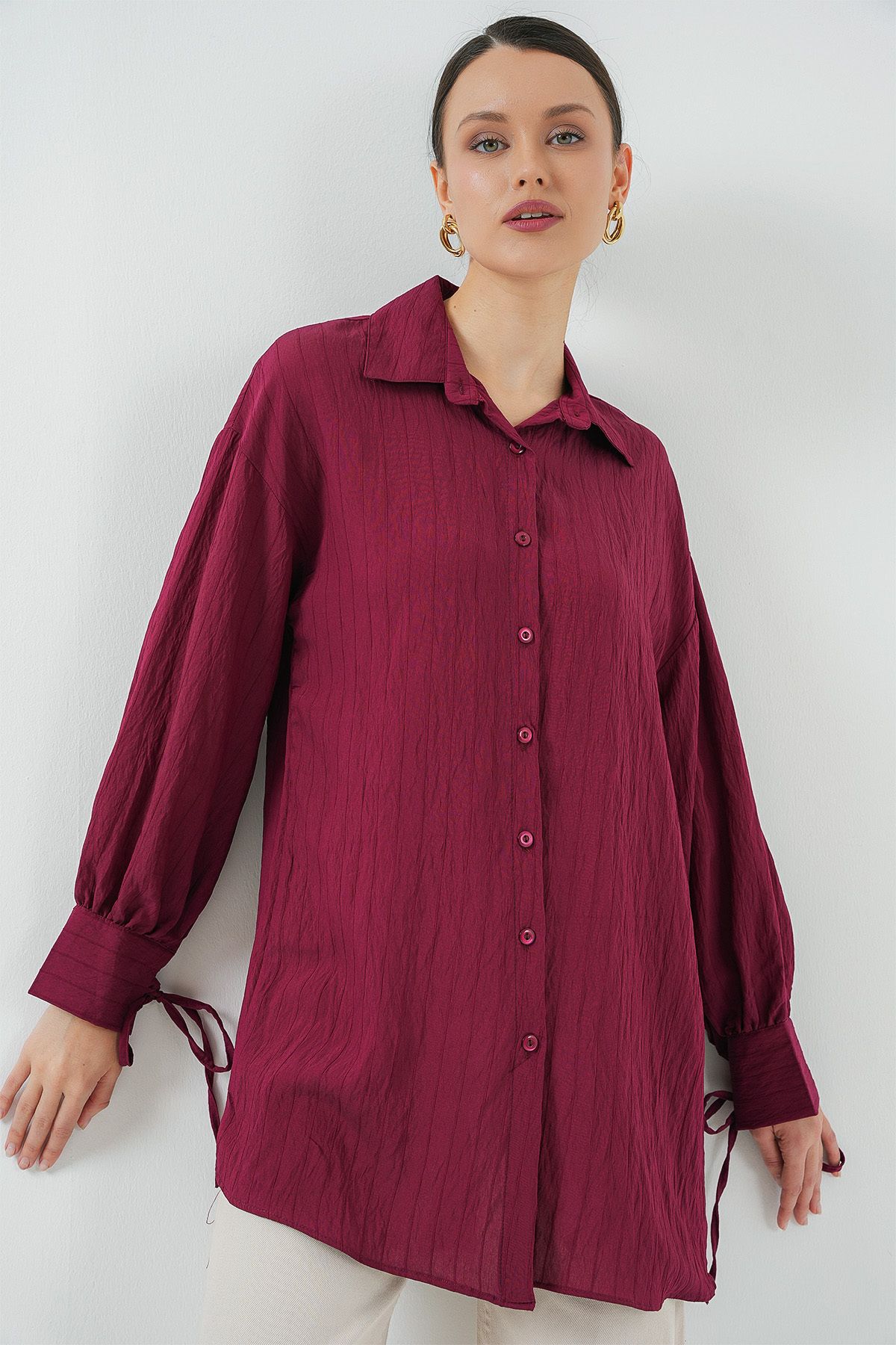 Bigdart Kadın Oversize Bağcıklı Gömlek 5954 - Bordo