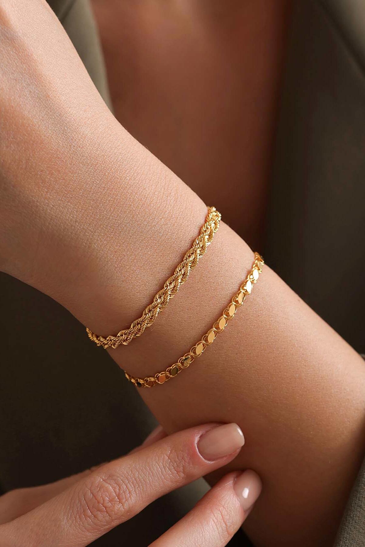 Bayar Gold 14K Gold Braided Rope & Aleppo Bracelet