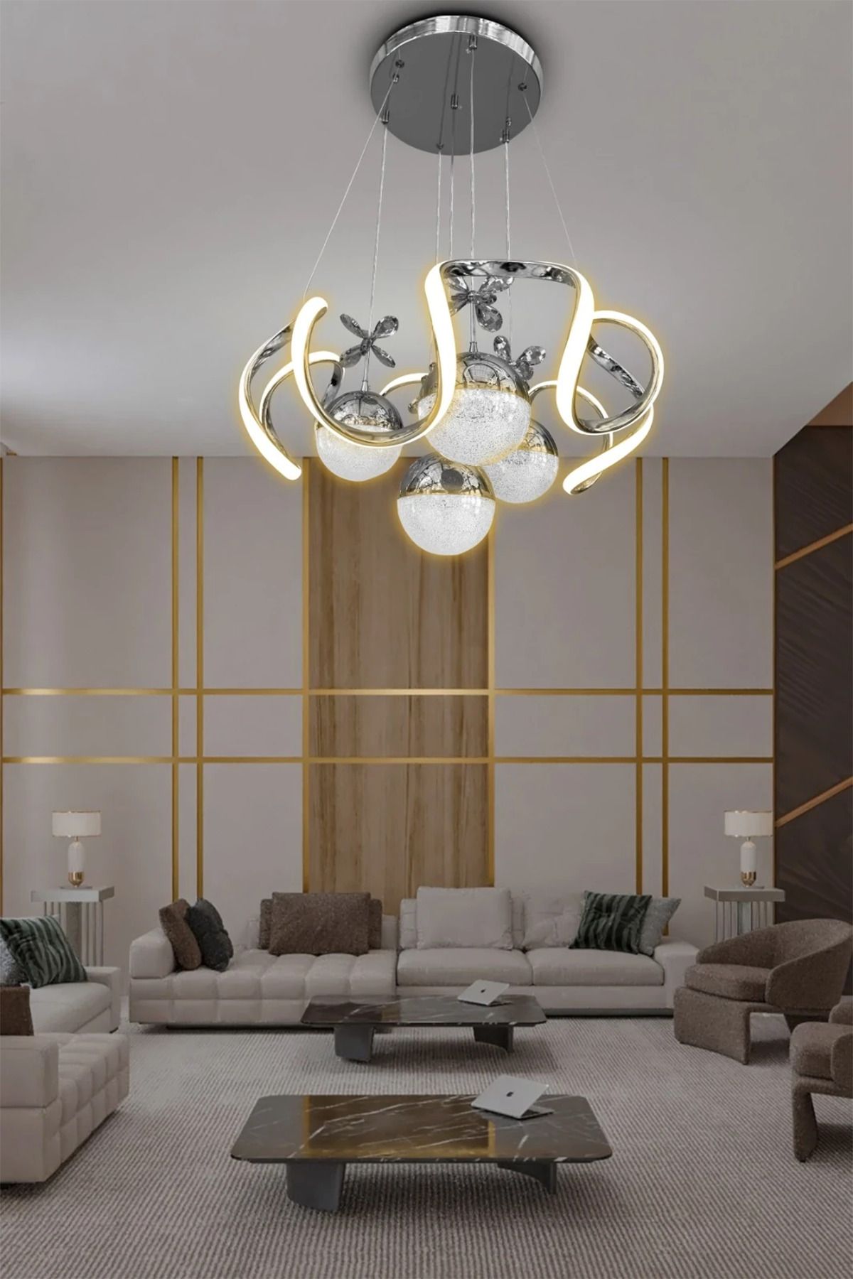 RSCOLLECTIONS Modern Sarkıt Arya XL 4 Toplu Led Avize - 3 Renk Kumandasız Krom